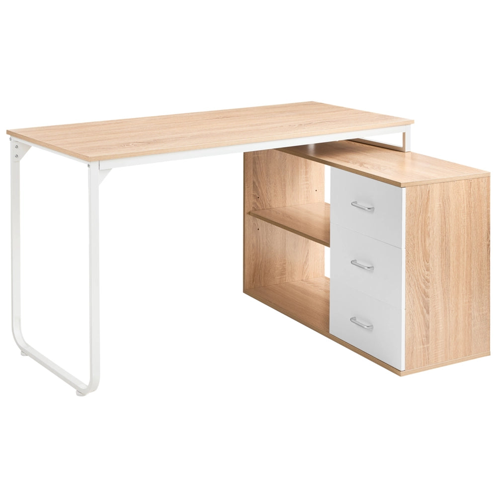 Scrivania da ufficio domestico angolare con 2 ripiani e 3 cassetti Pannello truciolare Gambe in ferro 140 x 100 cm marrone chiaro