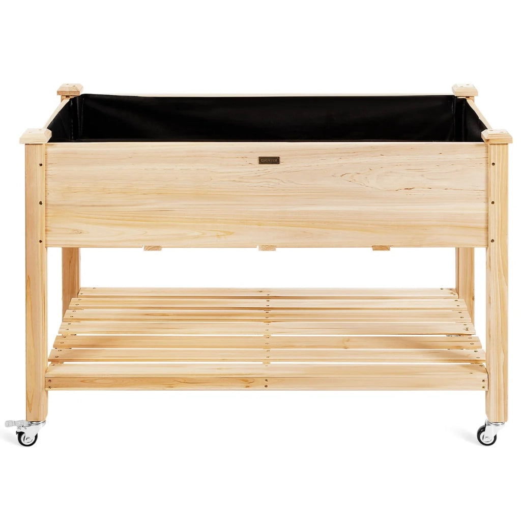 Aiuola rialzata su gambe 120 x 59 x 84 cm orto su ruote con rivestimento e fori di drenaggio stile naturale in legno di abete 20_0019177
