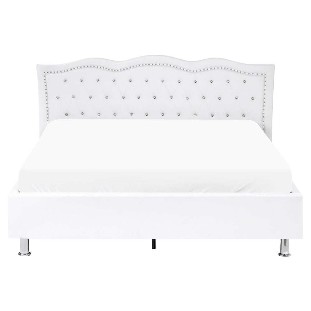 Letto 160 x 200 cm Bianco Ecopelle Struttura Imbottita con Rifinitura Chiodo Bottoni in Cristallo Poggiatesta