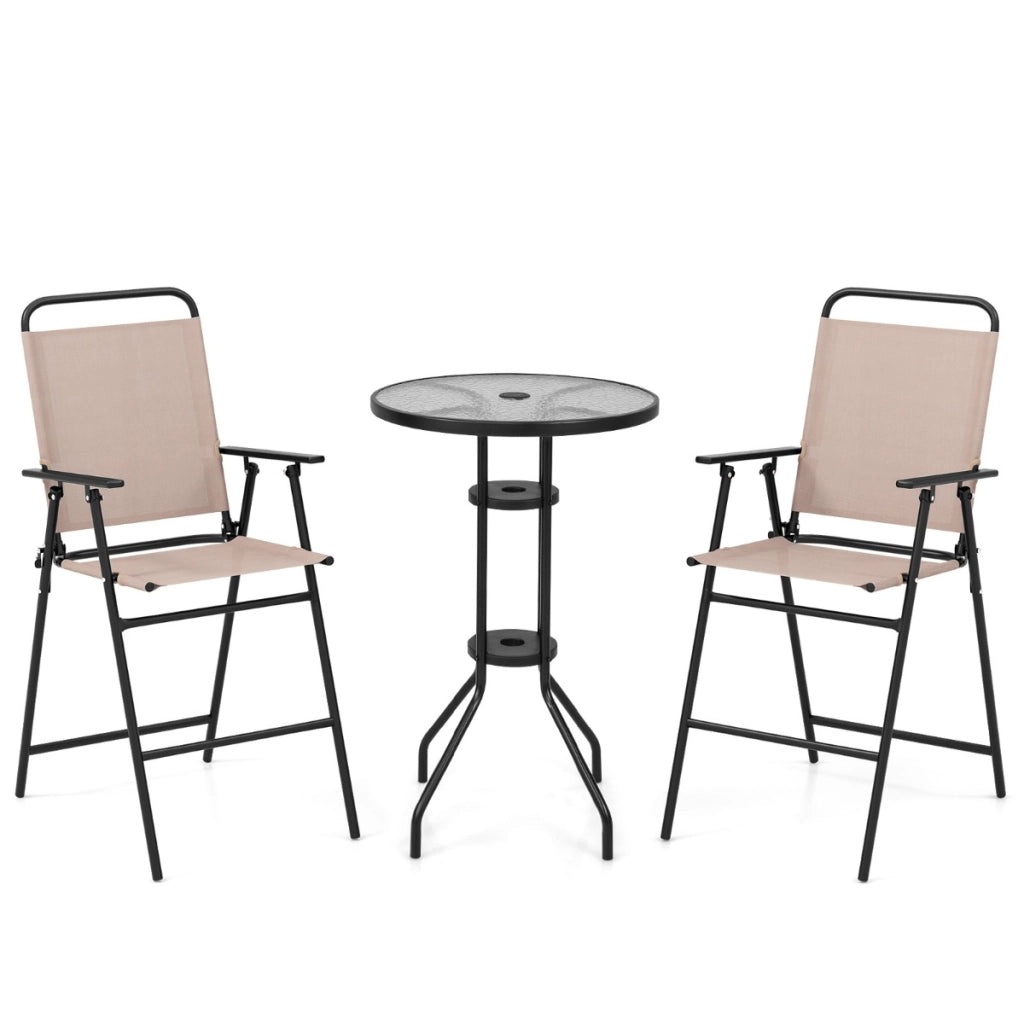Set bistrot da esterno 3 pezzi, Tavolo bar con 2 sedie pieghevoli piano in vetro temperato foro per ombrellone Beige-Set mobili da esterno