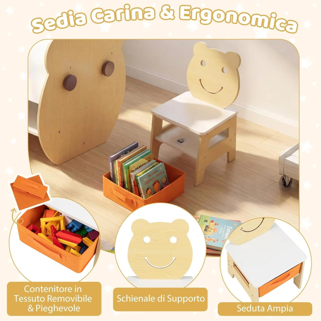 Set Tavolo e Sedia per Bambini 3+ Anni, Tavolo Multifunzionale con Lavagna Bifacciale, Ripiano e 4 Ganci Laterali, Sedia Comoda con Cassetto Rimovibile per Cameretta e Asilo (Naturale)