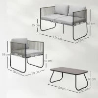 Set da Giardino Rattan con Divanetto 2 Posti, 2 Poltrone e Tavolino in Vetro, Cuscini Sfoderabili, Grigio