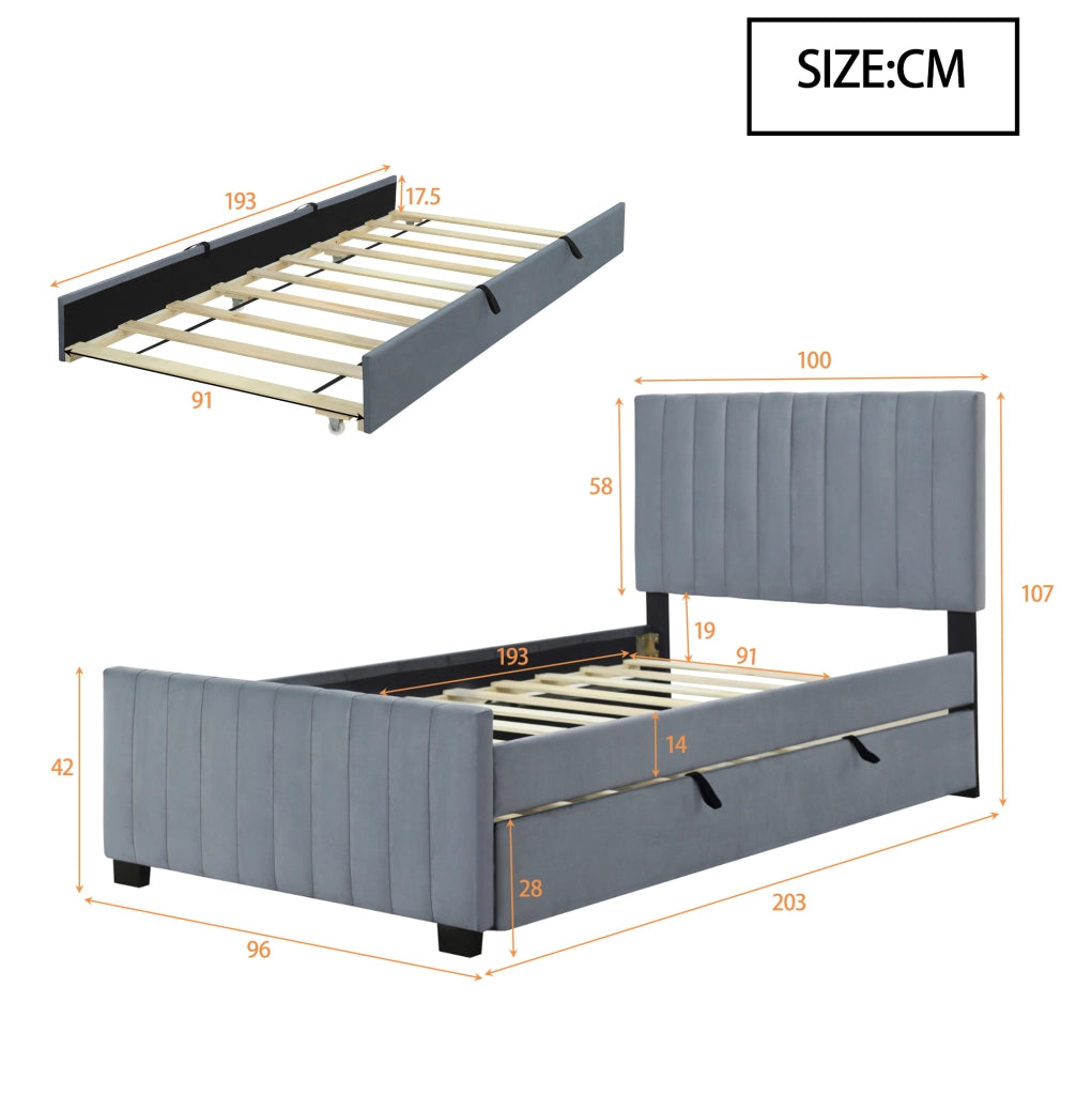 Letto singolo imbottito con letto estraibile 90x190 cm in MDF; metallo e velluto grigio