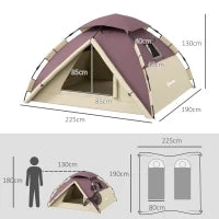 Tenda da Campeggio 2 Posti con 2 Finestre e Gancio, in Poliestere e Fibra di Vetro, 225x190x130 cm, Cachi