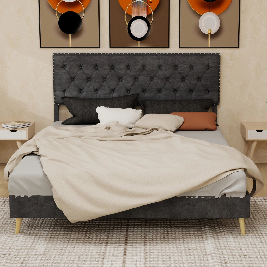 Letto Matrimoniale 160x200 cm - Spazio Sottoletto; Testiera Alta - in Tessuto - Grigio