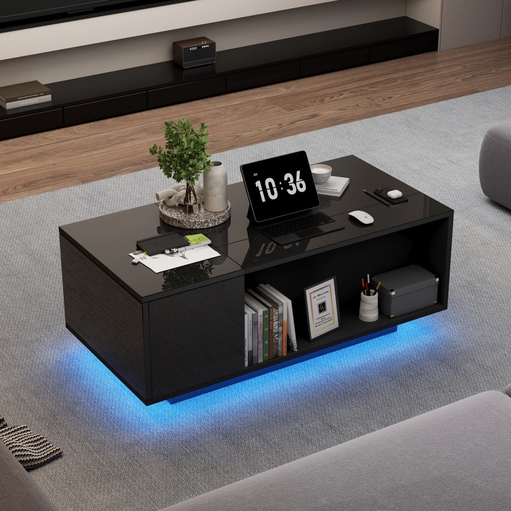 Tavolino da Salotto Reclinabile Idraulico con 1 Cassetto; Vano Nascosto e LED Bluetooth; Lucido; in Pannelli di Truciolare; 100×50×40 cm; Nero