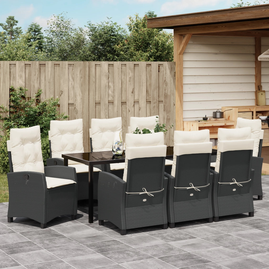 Set da Pranzo da Giardino 9 Pezzi con Cuscini Nero Polyrattan