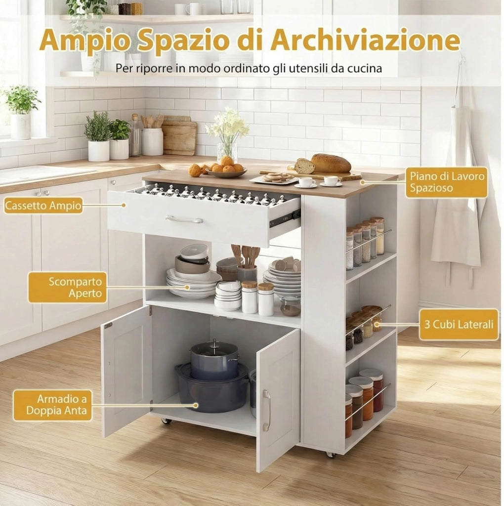 Carrello da Cucina con Ruote, Isola da Cucina con 3 Portaspezie 1 Cassetto Armadietto a 2 Porte, Carrello Portaoggetti con Portasciugamani, 82x46x92 cm (Bianco)