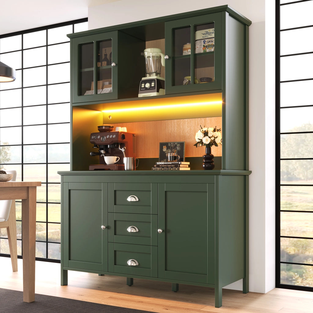 Credenza da cucina con ante in vetro marrone, ripiani regolabili, LED e cassetti, per cucina, verde 120 × 40 × 179 cm