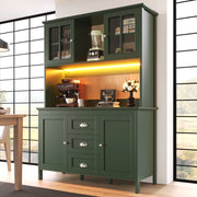 Credenza da cucina con ante in vetro marrone, ripiani regolabili, LED e cassetti, per cucina, verde 120 × 40 × 179 cm
