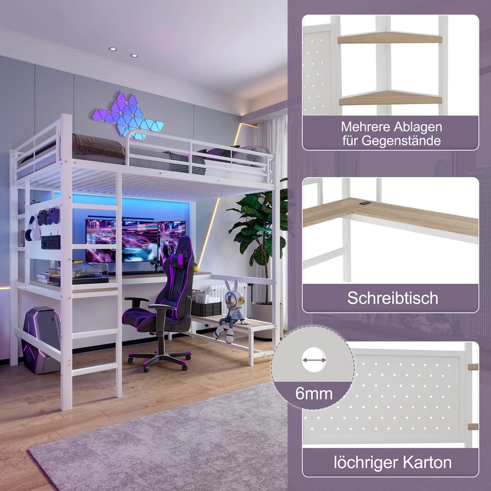 Letto a Soppalco con Scrivania e LED ¨C MINIMAL ¨C Bianco, 90x200, Metallo