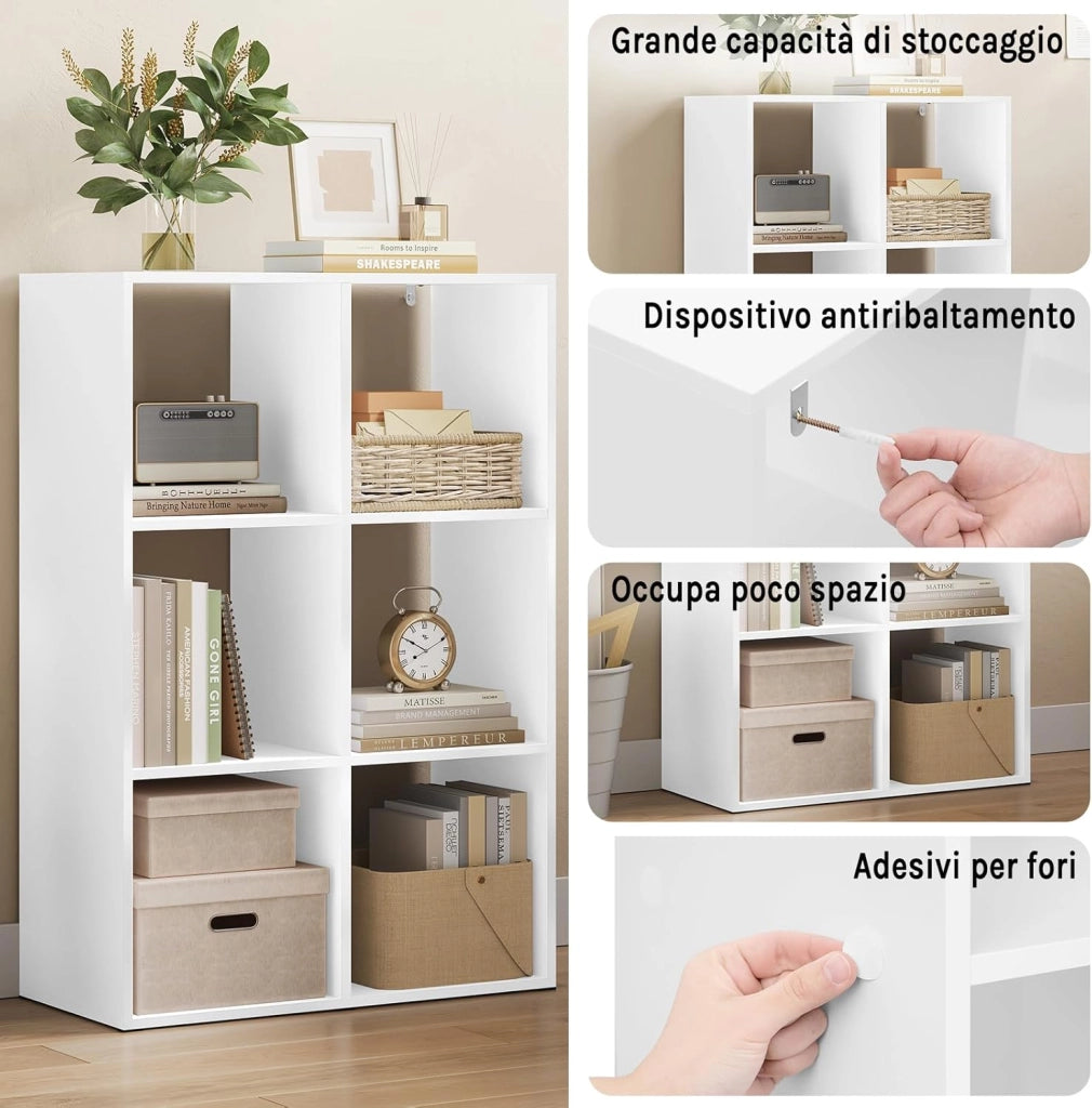 Libreria a 6 Cubi, Scaffale di Stoccaggio a 3 Livelli, Libreria Verticale, Scaffale Divisorio, Mobile di Stoccaggio per Soggiorno/Camera da Letto, Bianco, SK054ws
