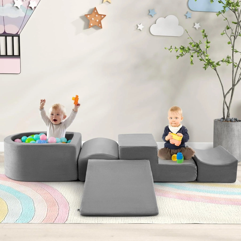 Set di 5 Pezzi Gioco in Schiuma, Blocchi con Piscina di Palline per Bambini, Coperture Lavabili con Cerniere, Blocchi Creativi per Stanza di Giocattoli, Camera da Letto (Grigio)