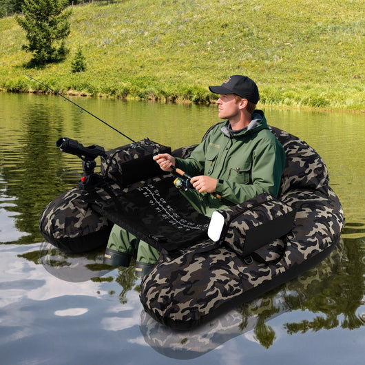 Belly boat da fiume con portacanna regolabile supporto per ami, Ciambella gonfiabile da pesca pagaia in alluminio Mimetico-Sport acquatici