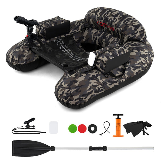 Belly boat da fiume con portacanna regolabile supporto per ami, Ciambella gonfiabile da pesca pagaia in alluminio Mimetico-Sport acquatici