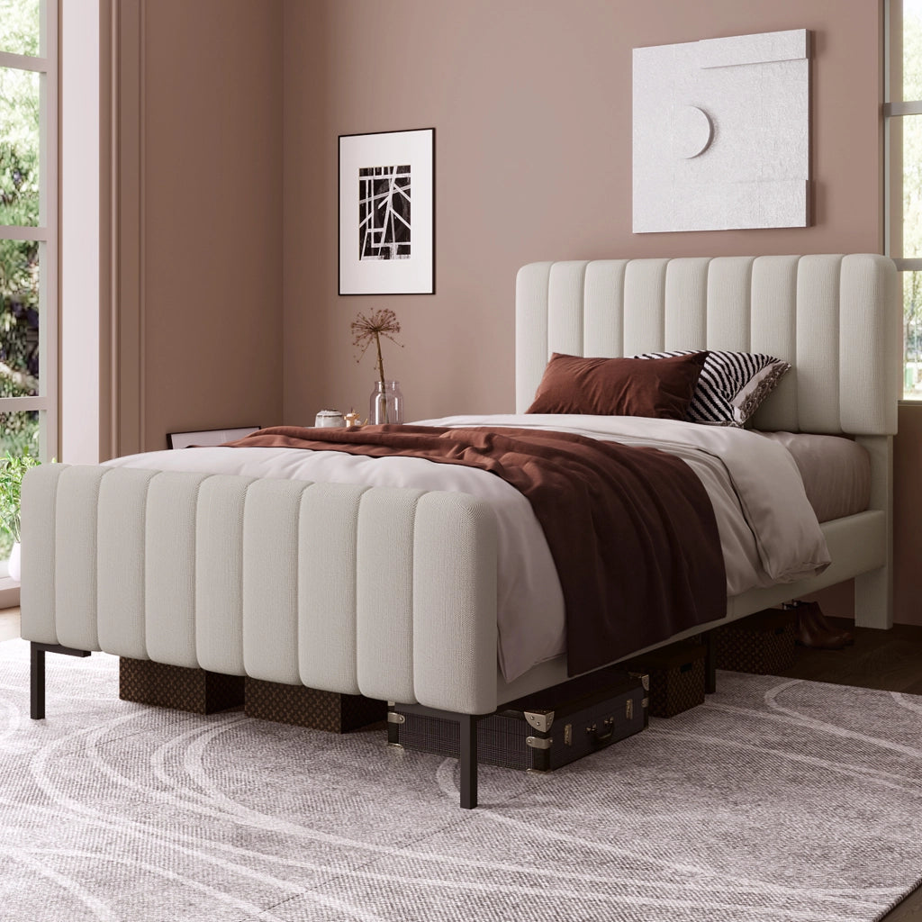 LETTO 90x200 cm con rete a doghe, testiera regolabile, lino Grigio-Beige