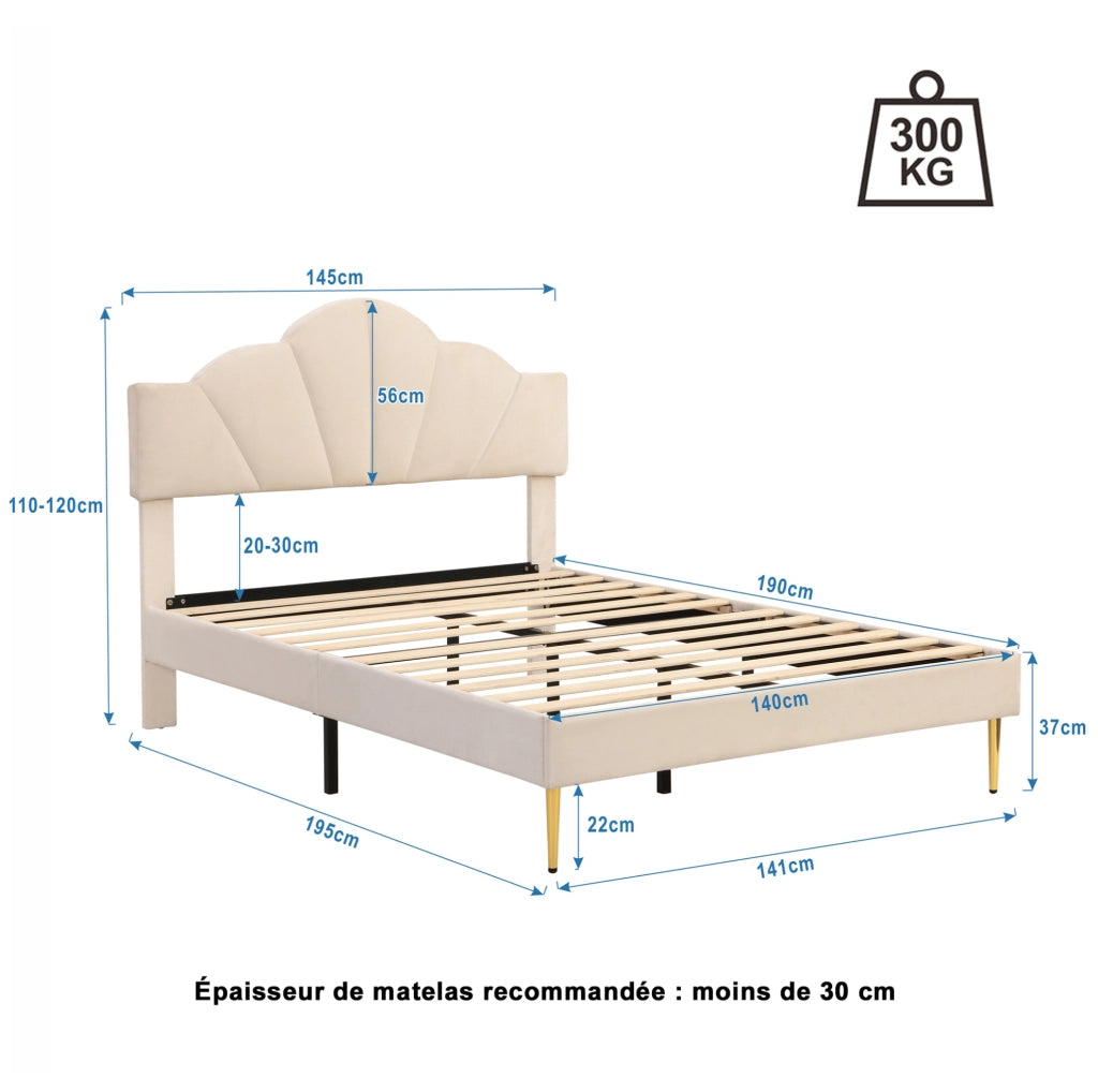 Letto matrimoniale imbottito 140x190 cm in velluto beige