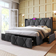 Letto matrimoniale 140x200 cm con 4 cassetti; USB e prese; tessuto grigio