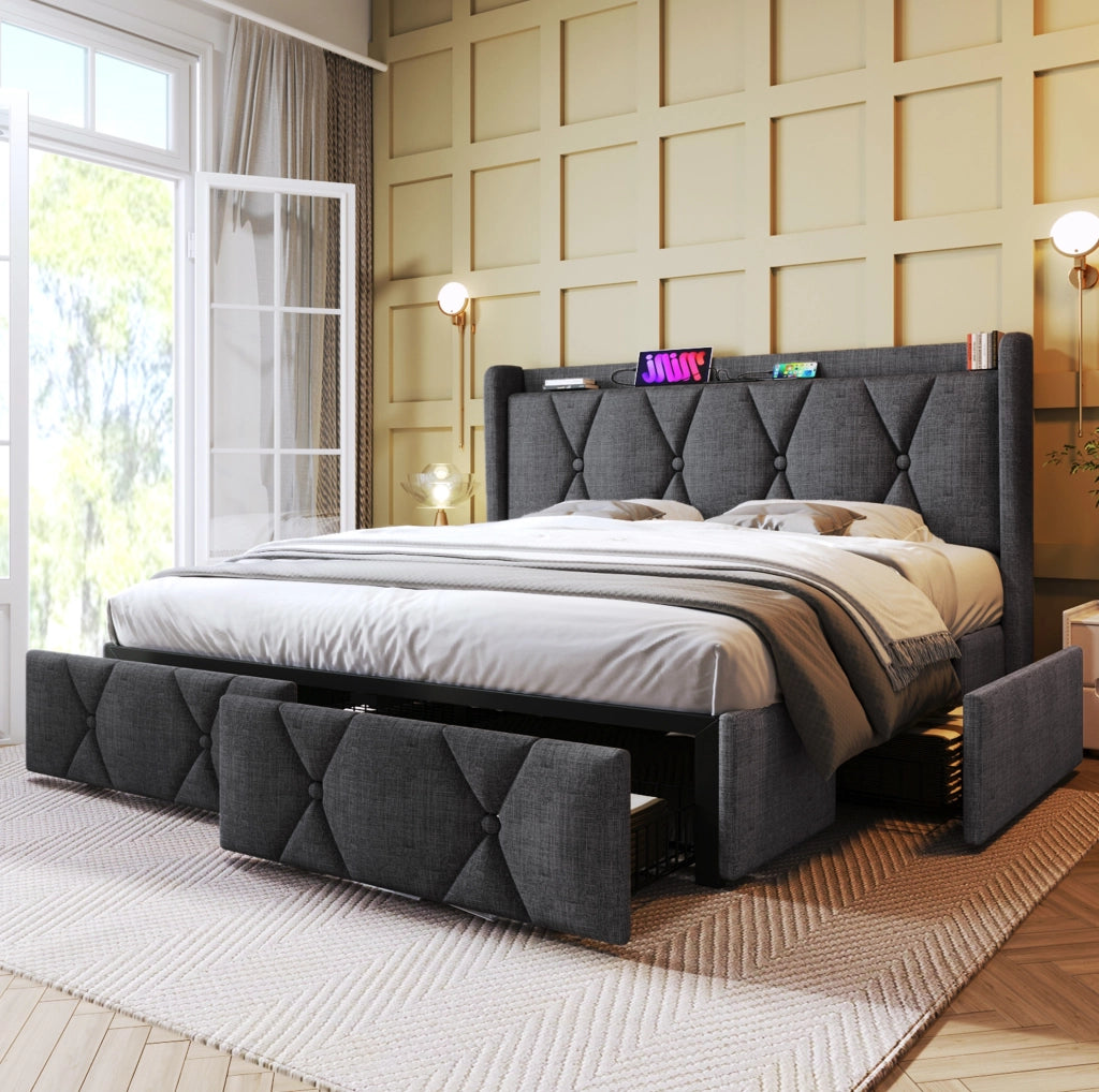 Letto matrimoniale 140x200 cm con 4 cassetti; USB e prese; tessuto grigio