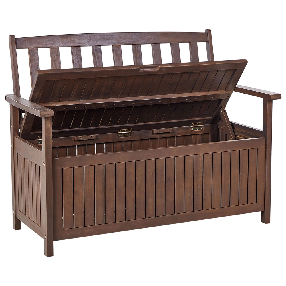 Panca da Esterno con Contenitore in Legno Massello di Acacia 2 Posti 120 cm Colore Scuro e cuscino rosso