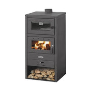 Stufa a Legna con Forno Giorgia 10–12 kW Nera in Acciaio con Portalegna