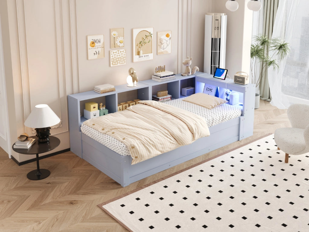 Letto divano singolo 90 × 200 cm con presa multifunzione, LED e contenitore idraulico, senza materasso, in MDF, grigio