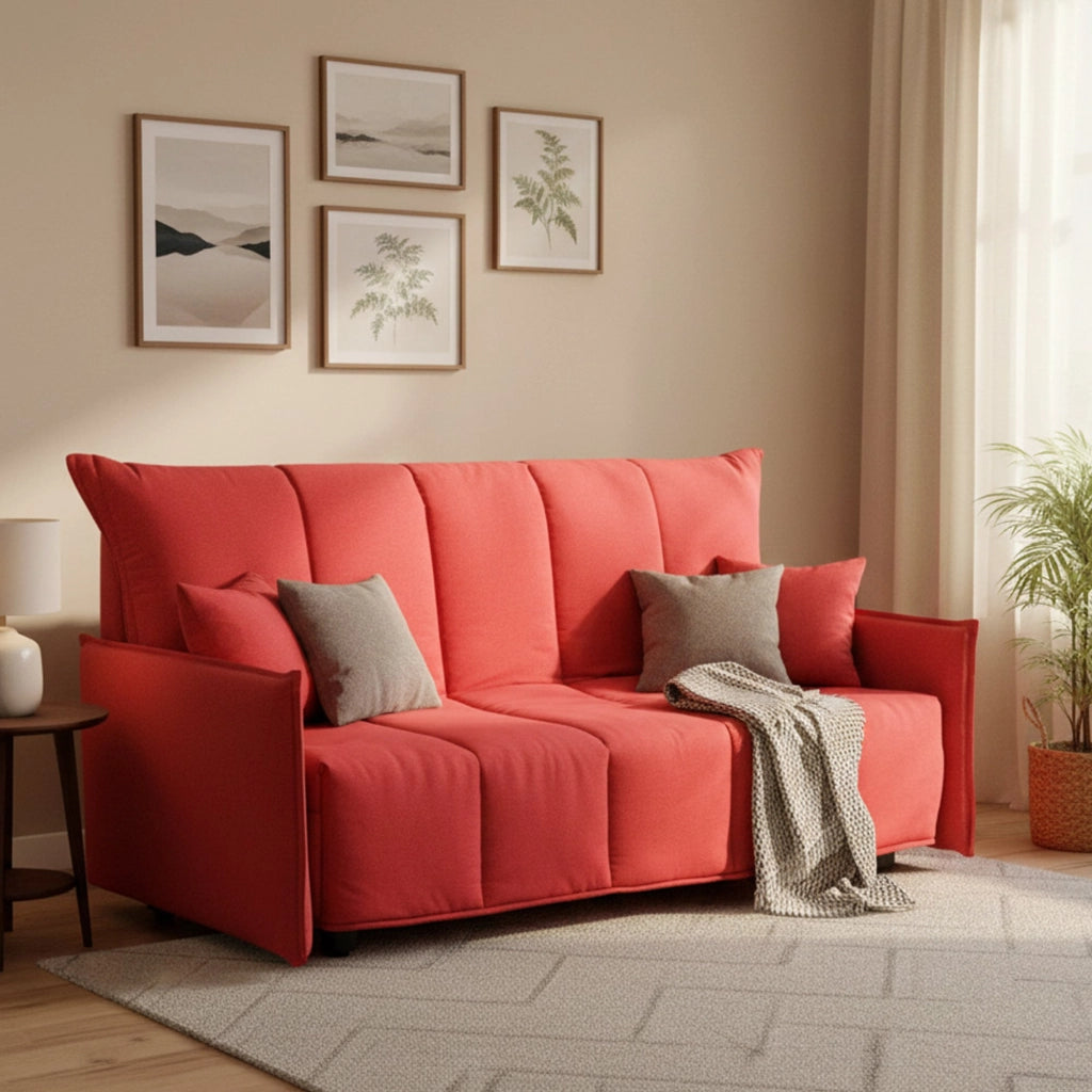 Divano Letto Alaric, Divano a 2 posti, Made in Italy, SofÒ  Soggiorno con apertura a carrello con apertura a carrello, in tessuto imbottito, con Braccioli standard, cm 150x90h85, colore Rosso