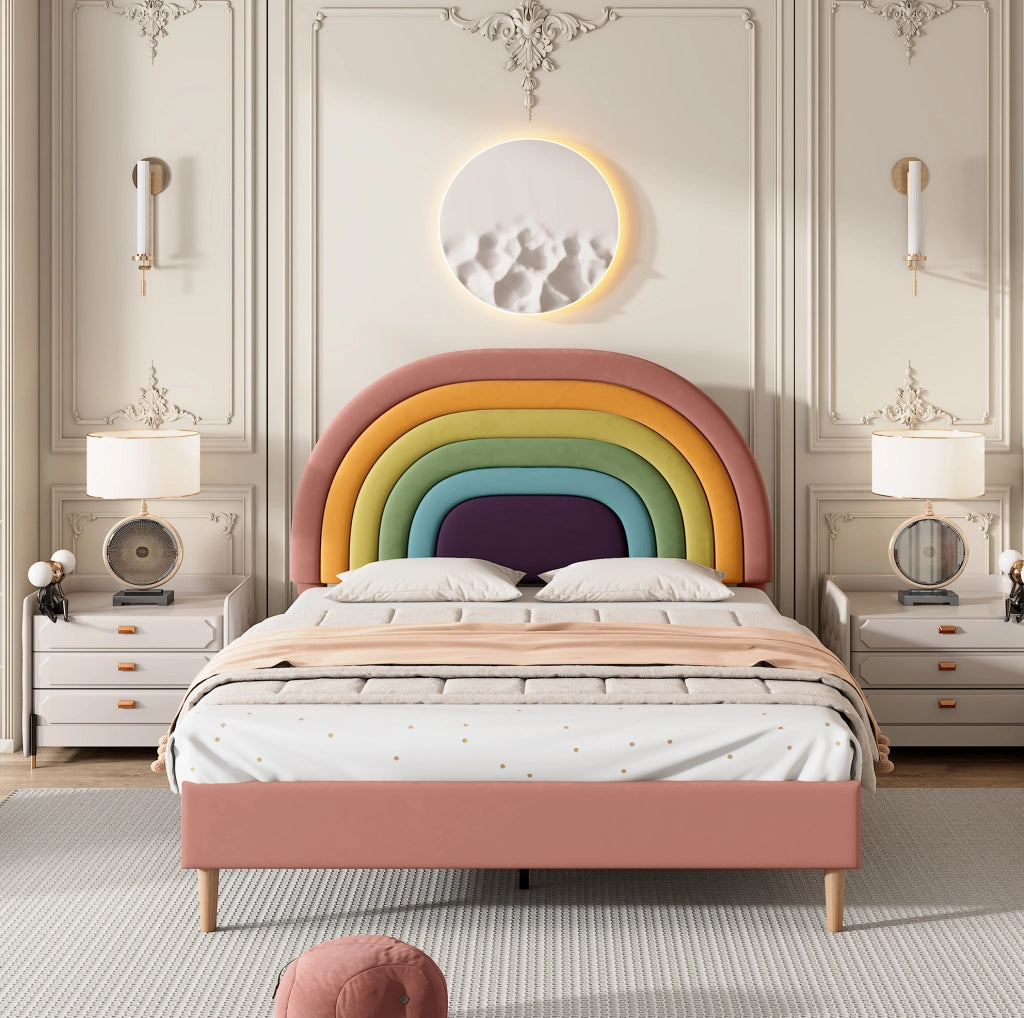 Letto imbottito 140x200 cm in velluto rosa con testiera regolabile e rete a doghe