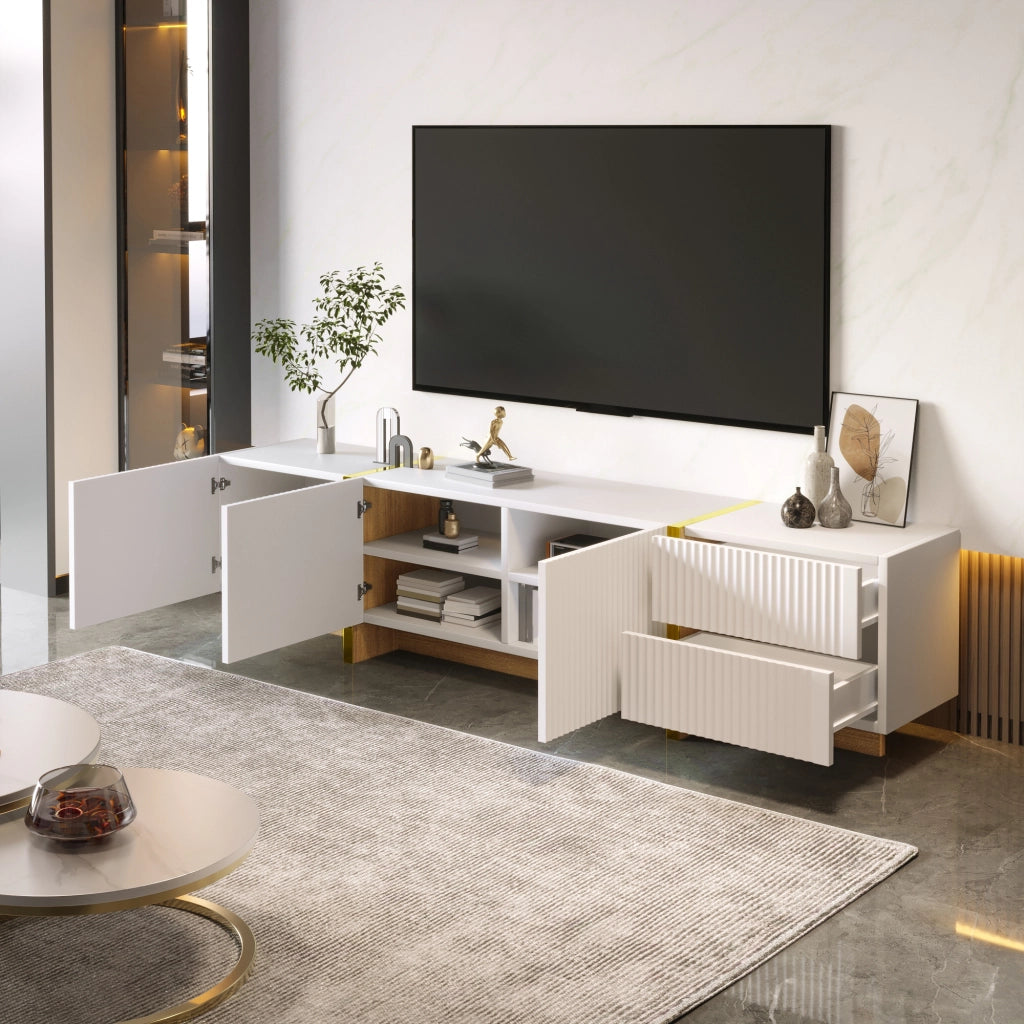 Mobile porta TV con 3 ante e 2 cassetti in MDF e pannello truciolare bianco e oro con venatura legno 190 × 35 × 45 cm