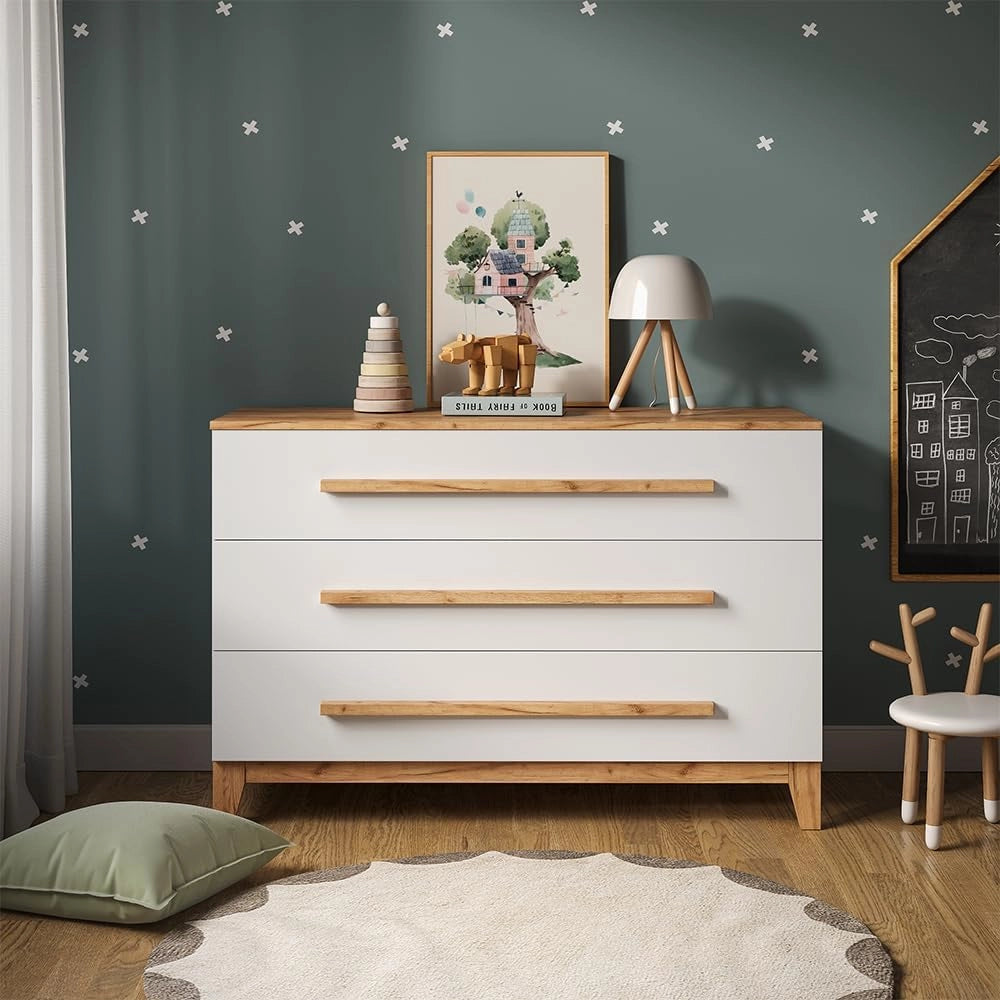 Fasciatoio Malia, Bianco/Artisan, 133.2 x 98 cm con 3 cassetti, con fasciatoio rimovibile per l'utilizzo come cassettiera