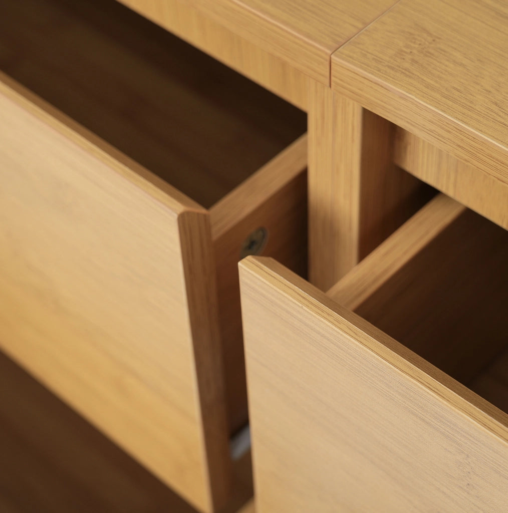 Credenza 160x40x75 cm in MDF e bambù effetto rovere， 6 cassetti e ripiani aperti