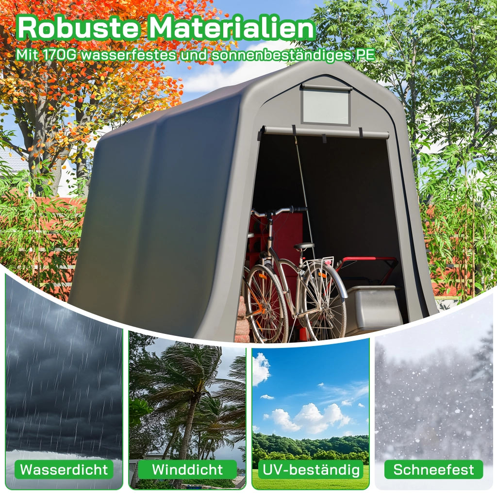 Capanno per utensili 366x213x225cm tetto a punta materiale PE impermeabile protezione UV antivento finestra di ventilazione pioli inclusi per motociclette e attrezzi da giardino