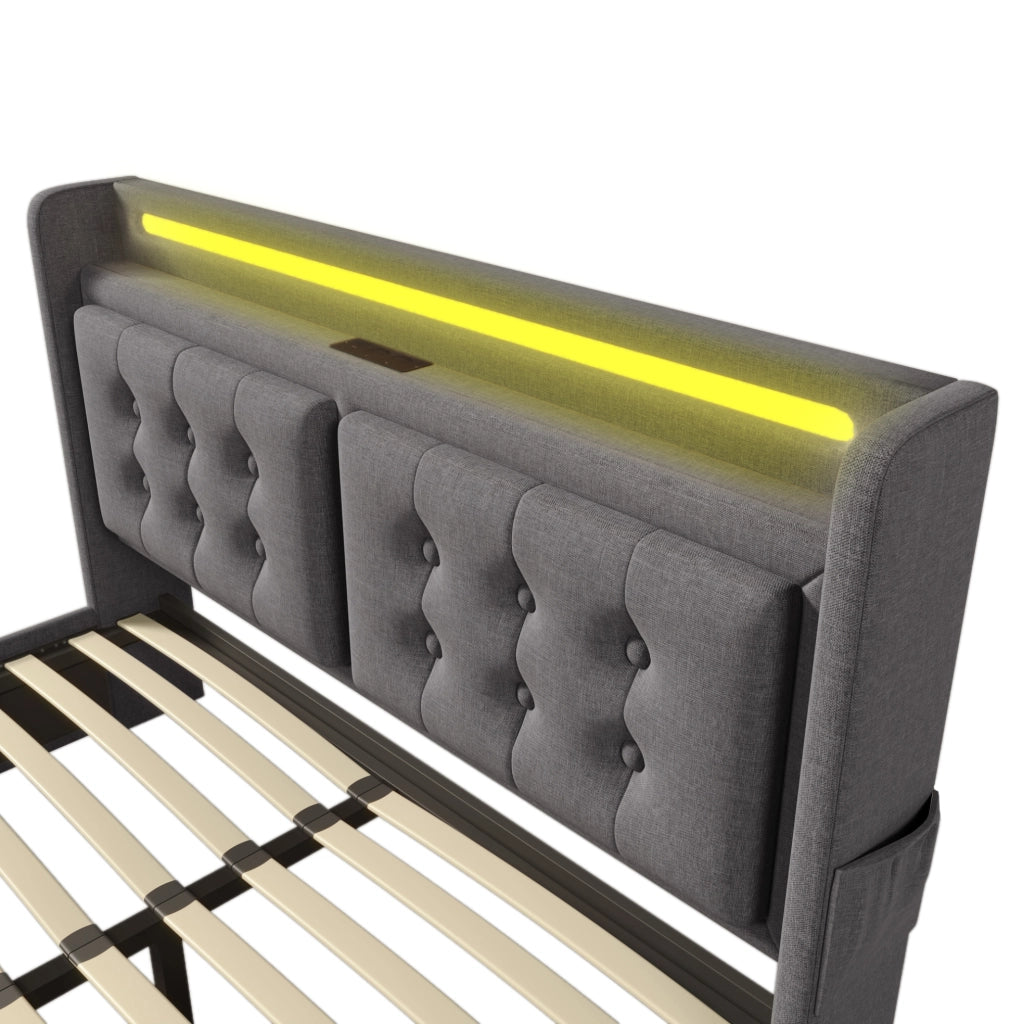 Letto matrimoniale 160x200 cm imbottito con LED; prese di ricarica; 4 cassetti; grigio