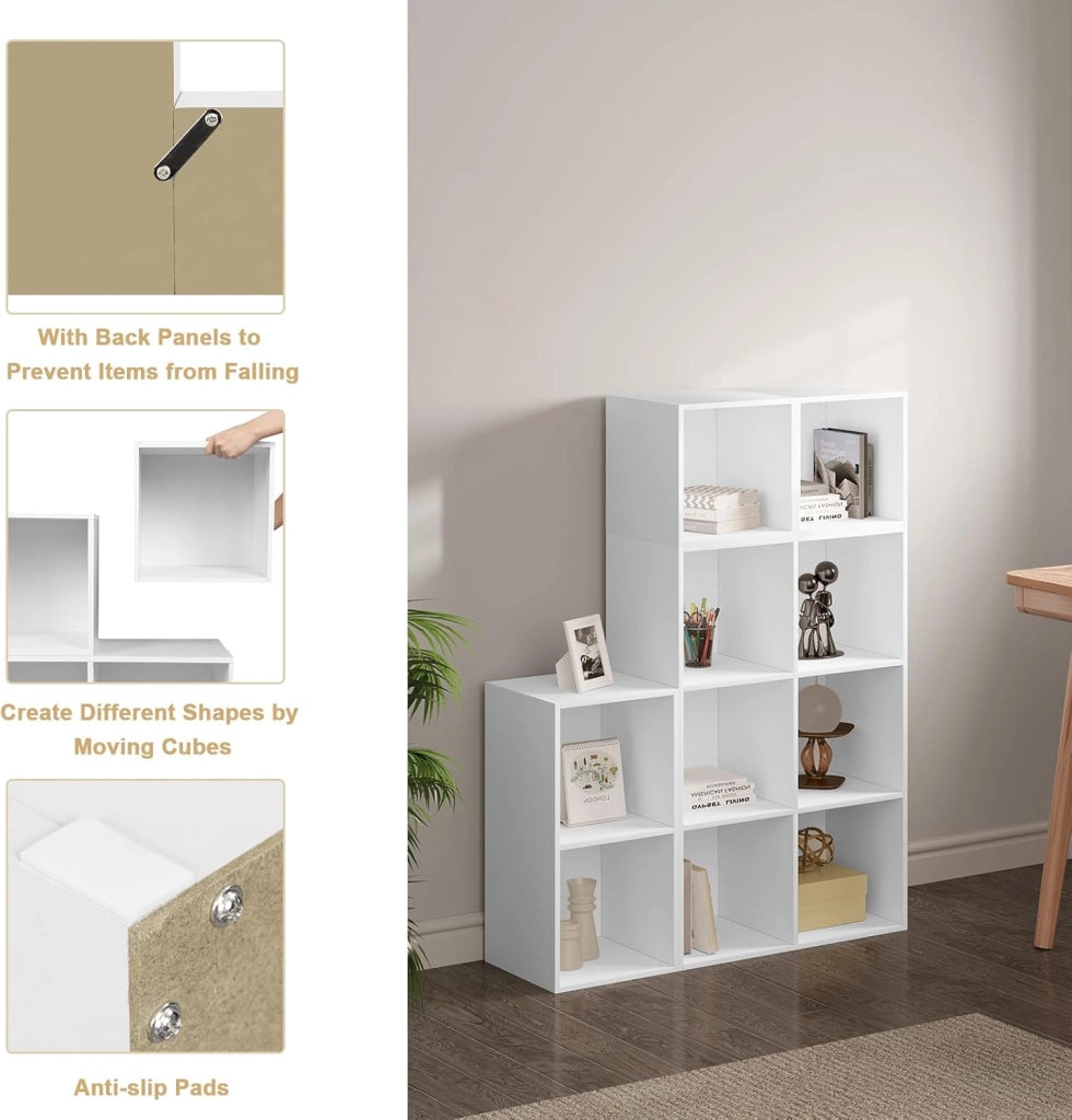 Libreria Scaffale, Libreria a 10 Cubi, Scaffale a Scala Componibile, Mobile Portaoggetti in Legno, Divisorio per Camera da Letto, Soggiorno, Ufficio, 120x30x120cm, Bianco, SK035ws
