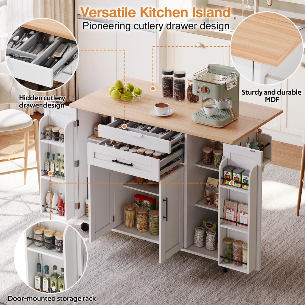Carrello da Cucina con 4 Ante; 2 Cassetti; Ripiani Regolabili; Portasciugamani e Portaspezie; in MDF; Bianco e Naturale; 136 x 70 x 92 cm