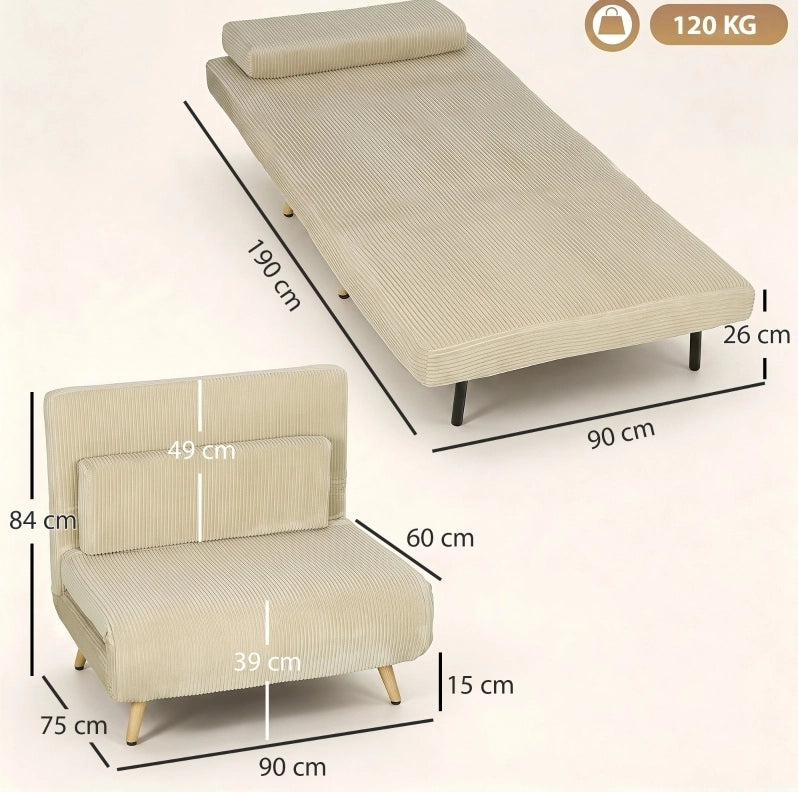 POLTRONA LETTO 3 in 1 90x190 cm in velluto a coste beige