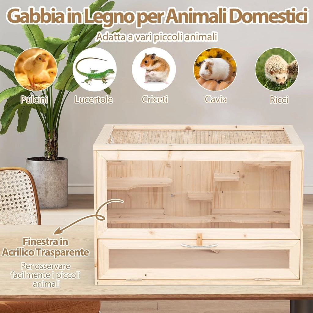 Gabbia per Criceti, Gabbia Criceti in Legno con Tetto Ribaltabile in Rete, Aree Multi-Scala, Rampa, Pannello in Acrilico e Porta Bloccabile, 60 x 35,5 x 42 cm