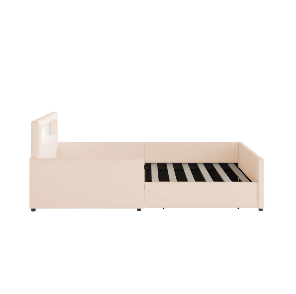 Letto imbottito per bambini 90x200 cm con luce notturna USB e cassetti beige