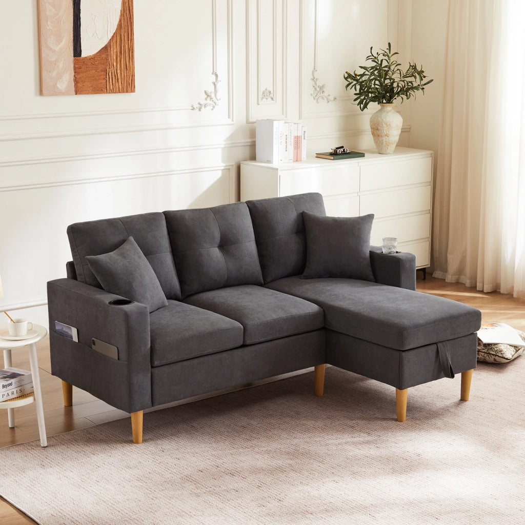 DIVANO angolare con chaise longue 175x129x90 cm grigio scuro in cotone e lino, con contenitore