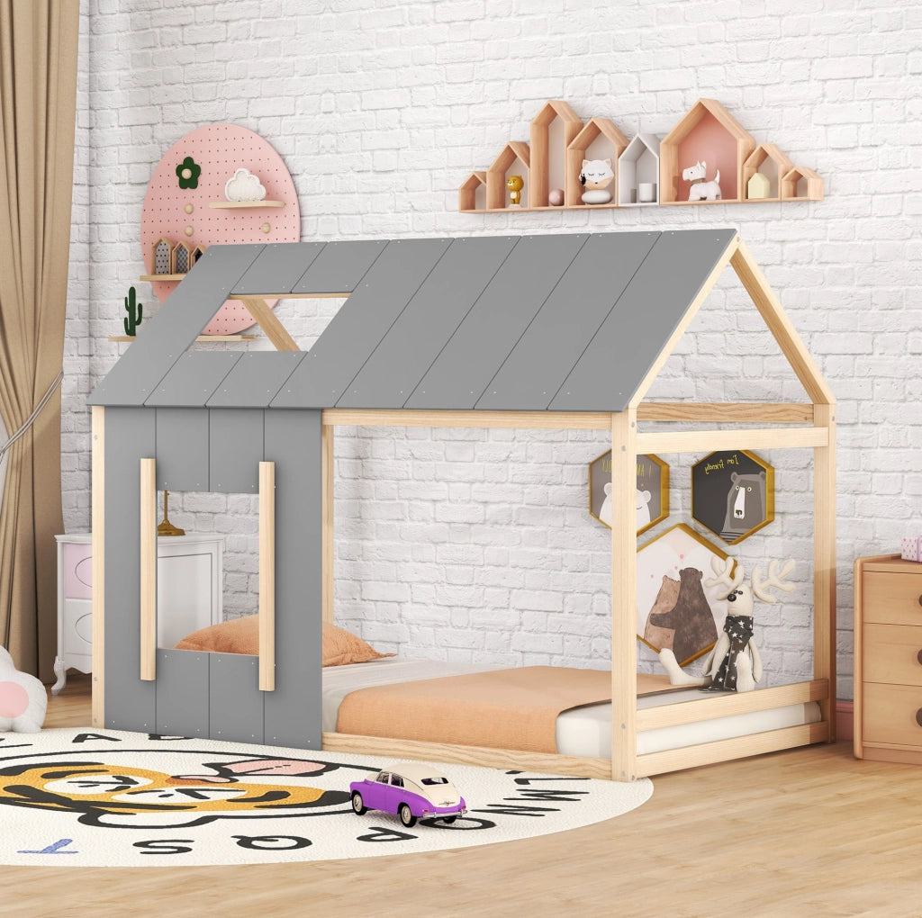 LETTO a forma di casa 90x200 cm in pino e MDF, naturale e grigio