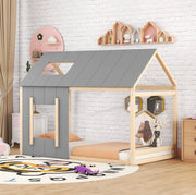 LETTO a forma di casa 90x200 cm in pino e MDF, naturale e grigio