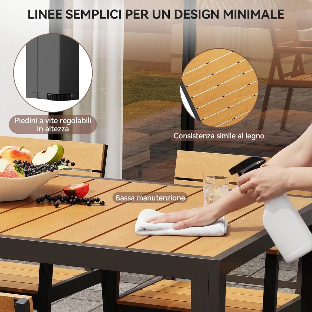 HDPS Set Tavolo e Sedie da Giardino 7 Pezzi Resistente alle Intemperie, Completo di Tavolo 189 cm e 6 Sedie da Esterno in Alluminio, Finitura a Vena di Legno e Facile da Manutenzionare,Naturale