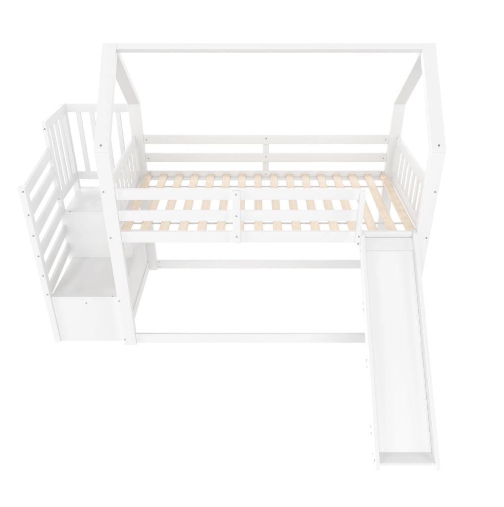 LETTO A CASTELLO 90x200 cm con scivolo, scala con vano portaoggetti, pino e MDF, bianco