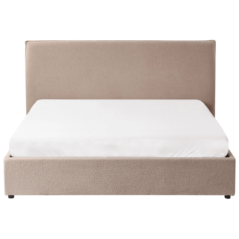 Letto matrimoniale con contenitore in tessuto bouclé tortora con testiera 160 x 200 cm Doghe in legno