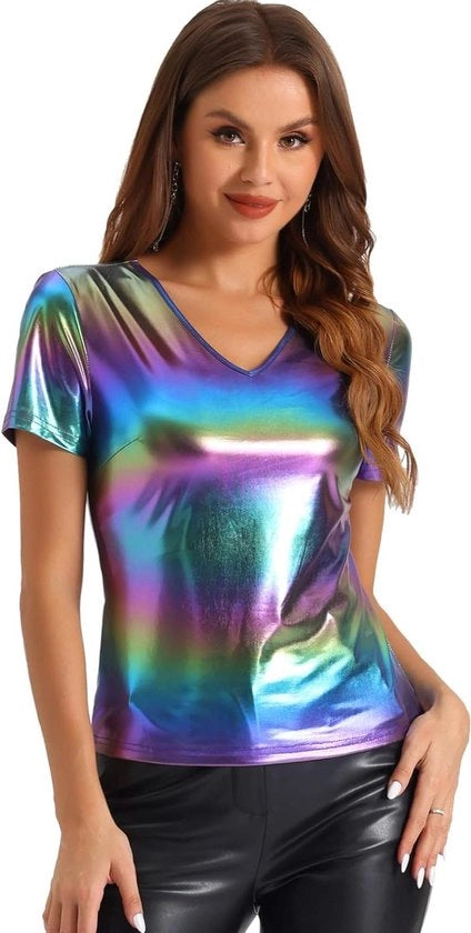 Maglia con collo V per donne, camicia da party, blu/rosa, luccicante, taglia XS