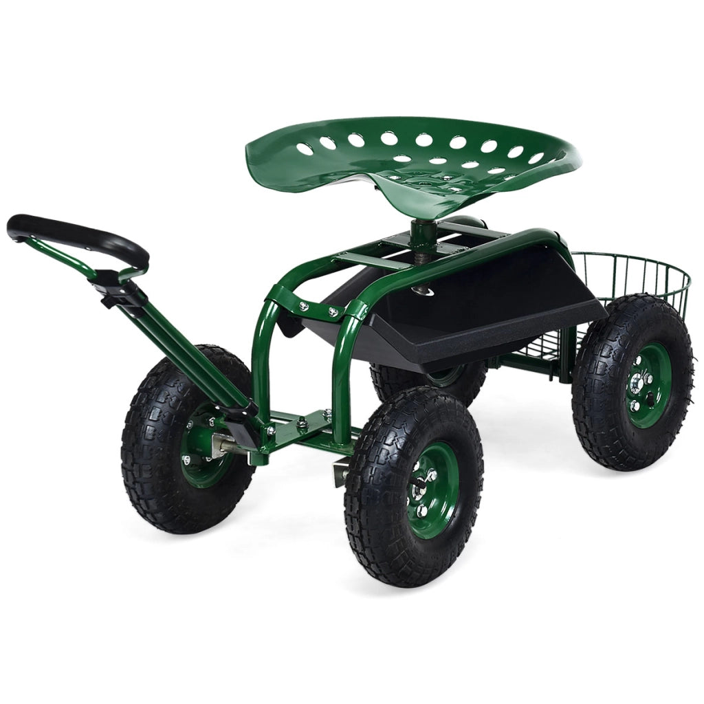 Carrello da giardino maneggevole con manico estensibile cesto portaoggetti, Sedile da lavoro rotolante Altezza 48-53cm