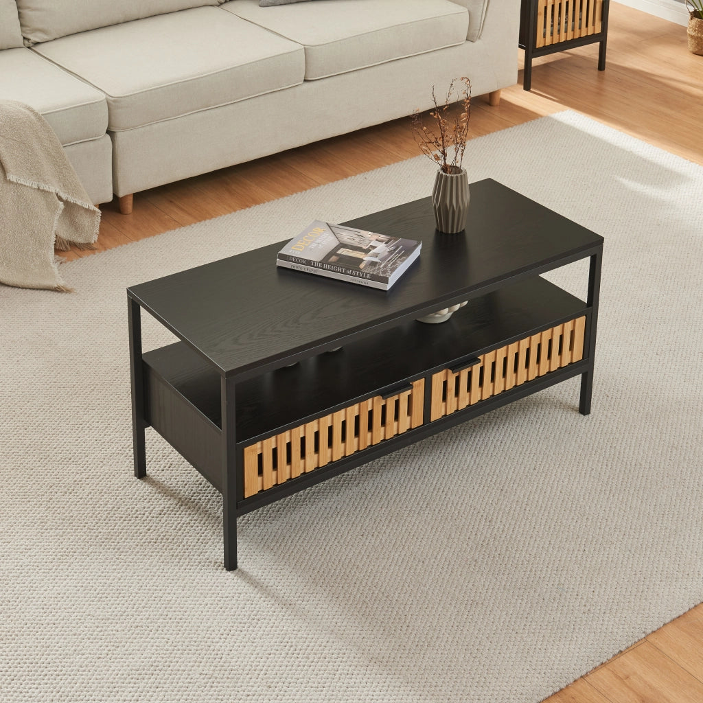 Tavolino da Salotto Luniehti con Ante in Bambù 100 x 40 x 48 cm - Nero/Naturale [en.casa]