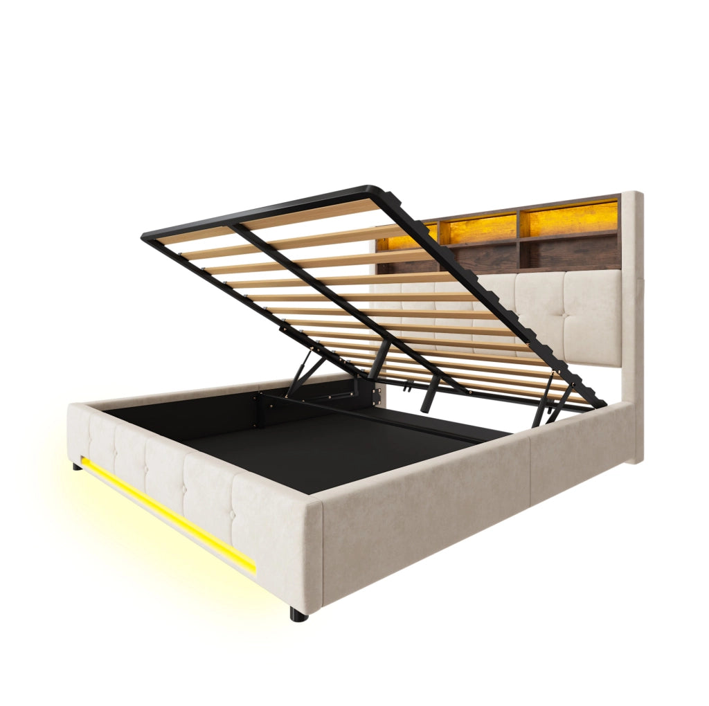 Letto 160x200 cm con contenitore; LED e USB-C in velluto beige