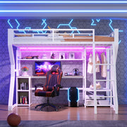 Letto a soppalco singolo 90×200 cm con LED; presa; scrivania; ripiani e area appendiabiti; senza materasso; bianco