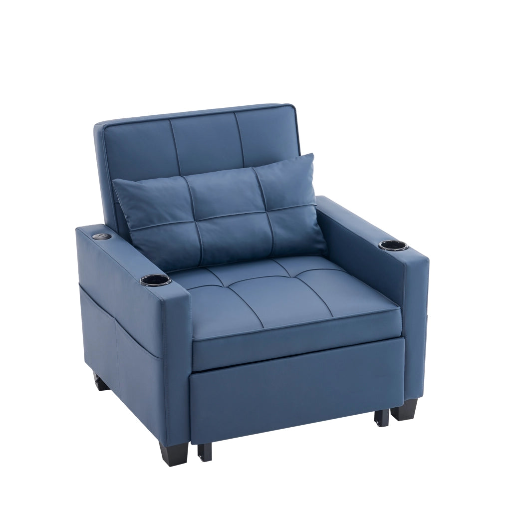 Divano convertibile 3 in 1 con funzione letto e tasca laterale salvaspazio per piccoli spazi in legno e metallo blu